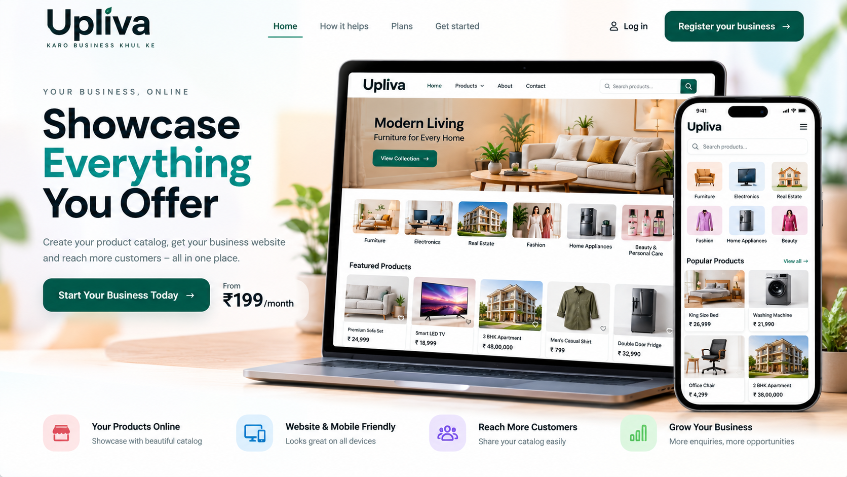 Upliva catalog preview across website and mobile, showing furniture, electronics, real estate, fashion and home appliances